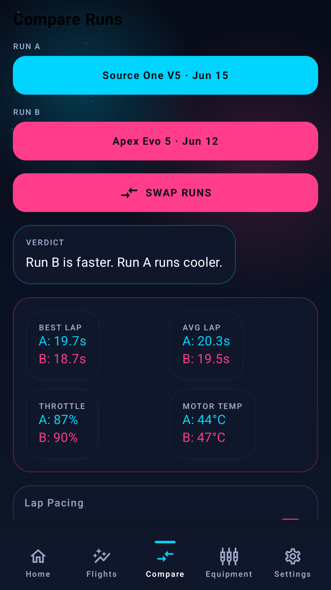 FPVPilot Log compare runs screen