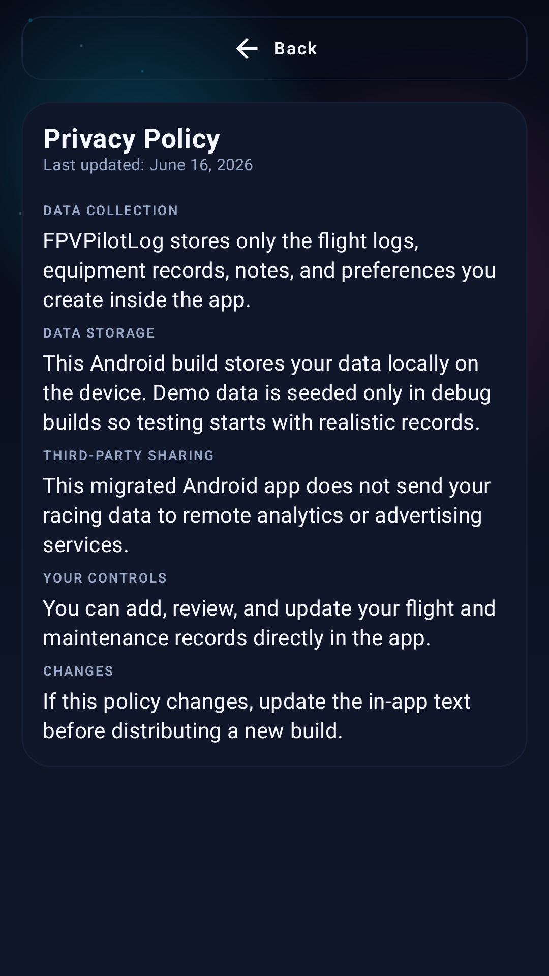 FPVPilot Log settings screen
